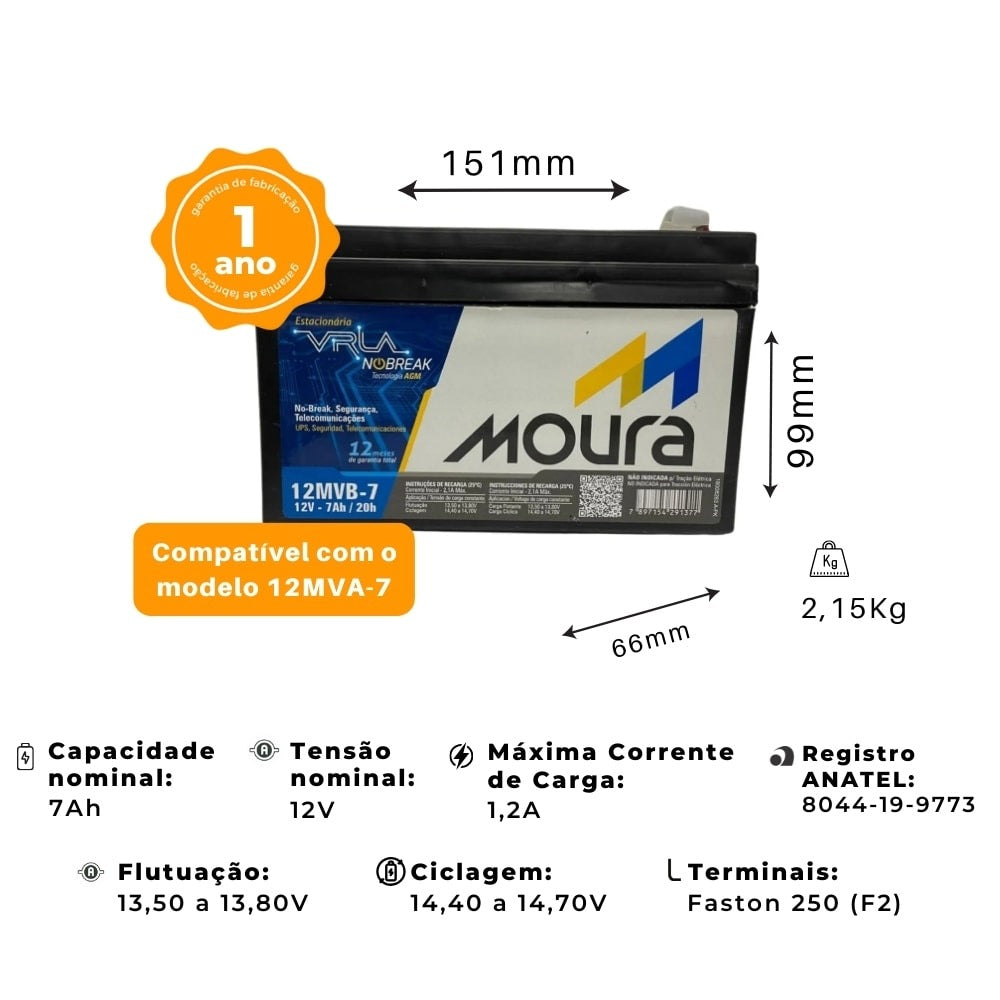 Bateria Estacionária VRLA 7Ah 12V Moura Nobreak - imagem 3