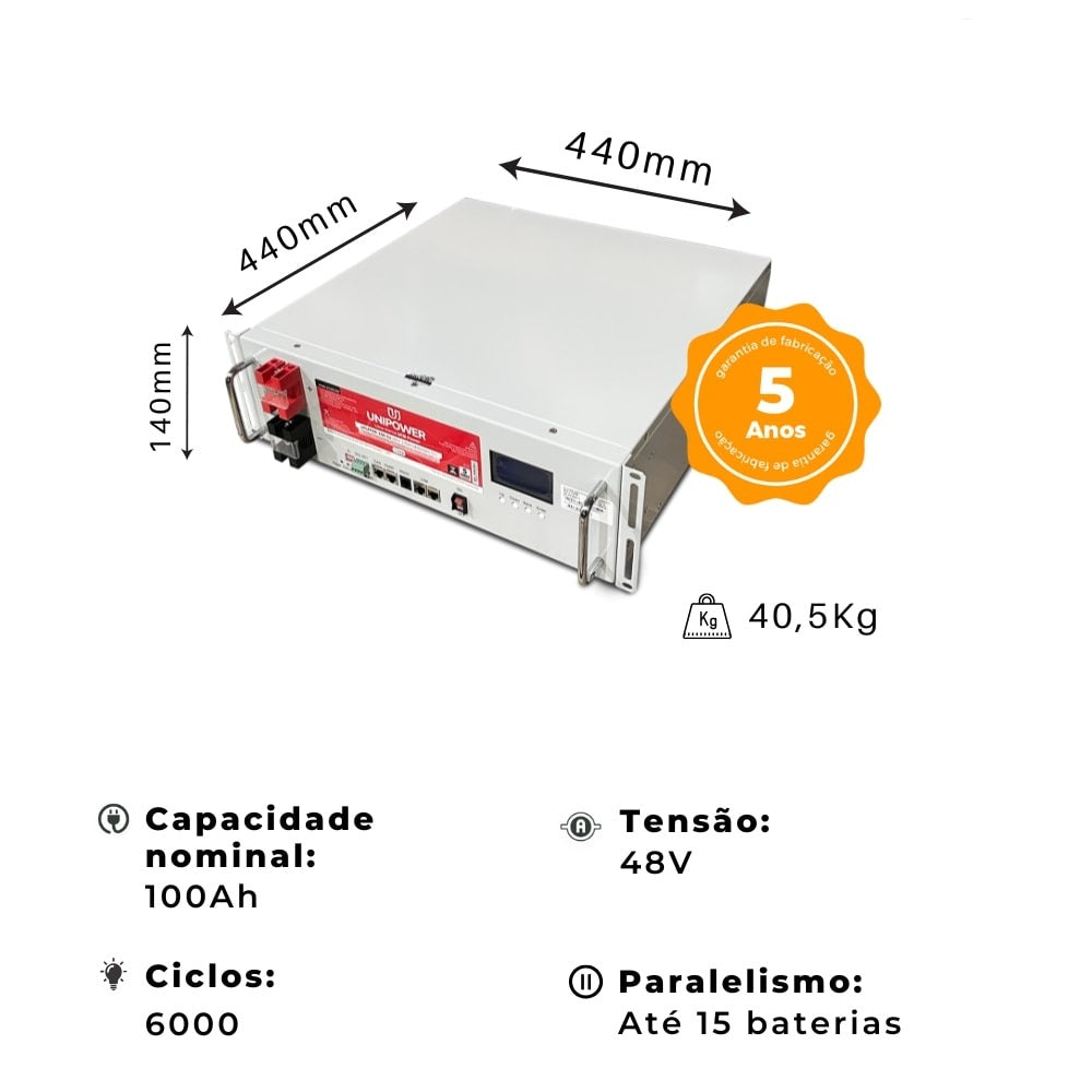 Bateria Solar de Lítio 100Ah 48V 4,8kW com Display Unipower UPLFP48-100 3U EN - imagem 6