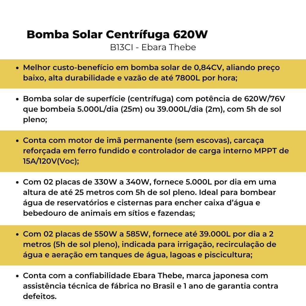 Bomba Solar Centrífuga 620W 76V 28MCA Ebara Thebe - B13CI - imagem 4