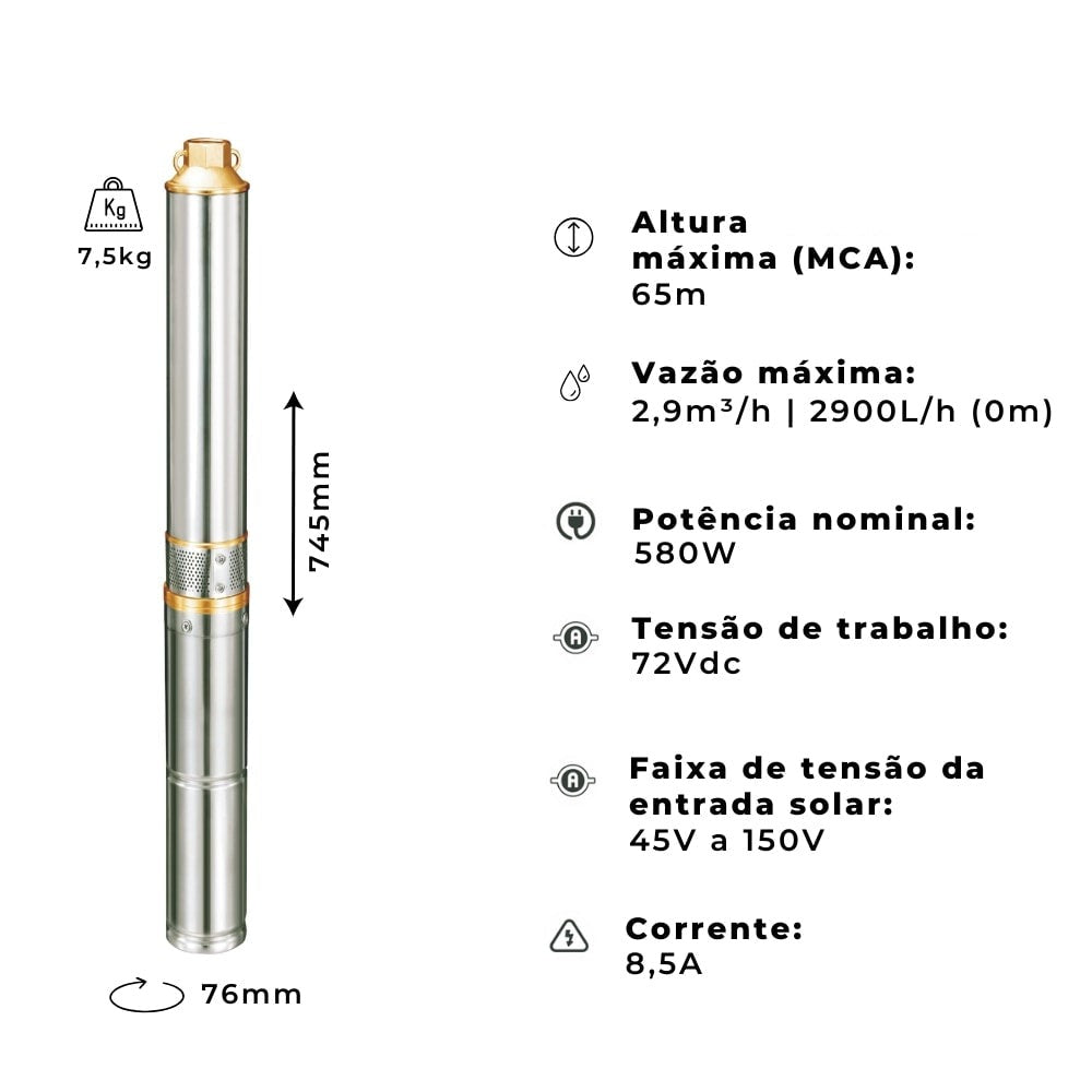 Bomba Solar Submersa 580W 65MCA 2900L/h Lepono - CPIP72 - imagem 3