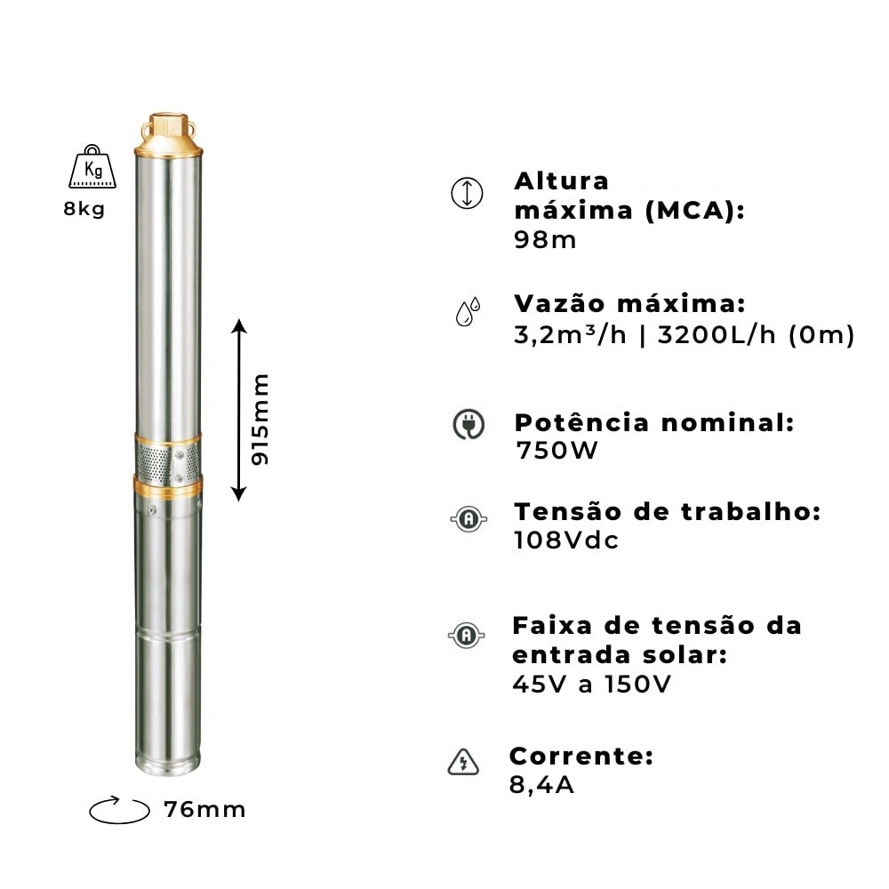 Bomba Solar Submersa 750W 98MCA 3200L/h Lepono - CPIP108 - imagem 2