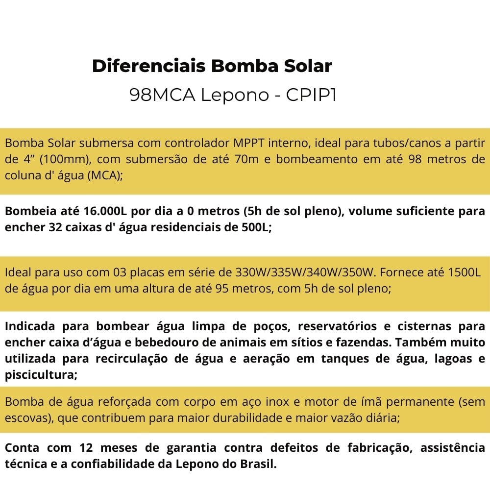 Bomba Solar Submersa 750W 98MCA 3200L/h Lepono - CPIP108 - imagem 4