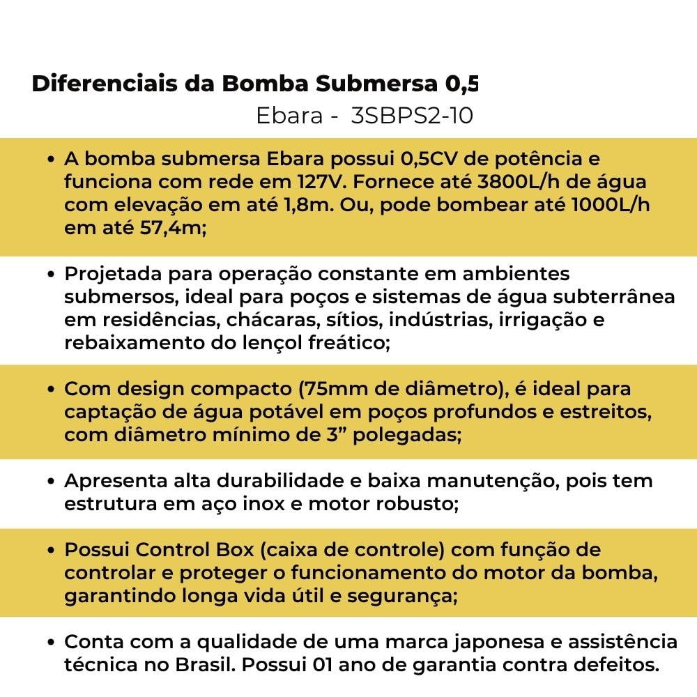 Bomba Submersa 0,5CV Monofásica 3 Fios 127V 59MCA - Ebara BMQ 3BPS2-10 - imagem 5