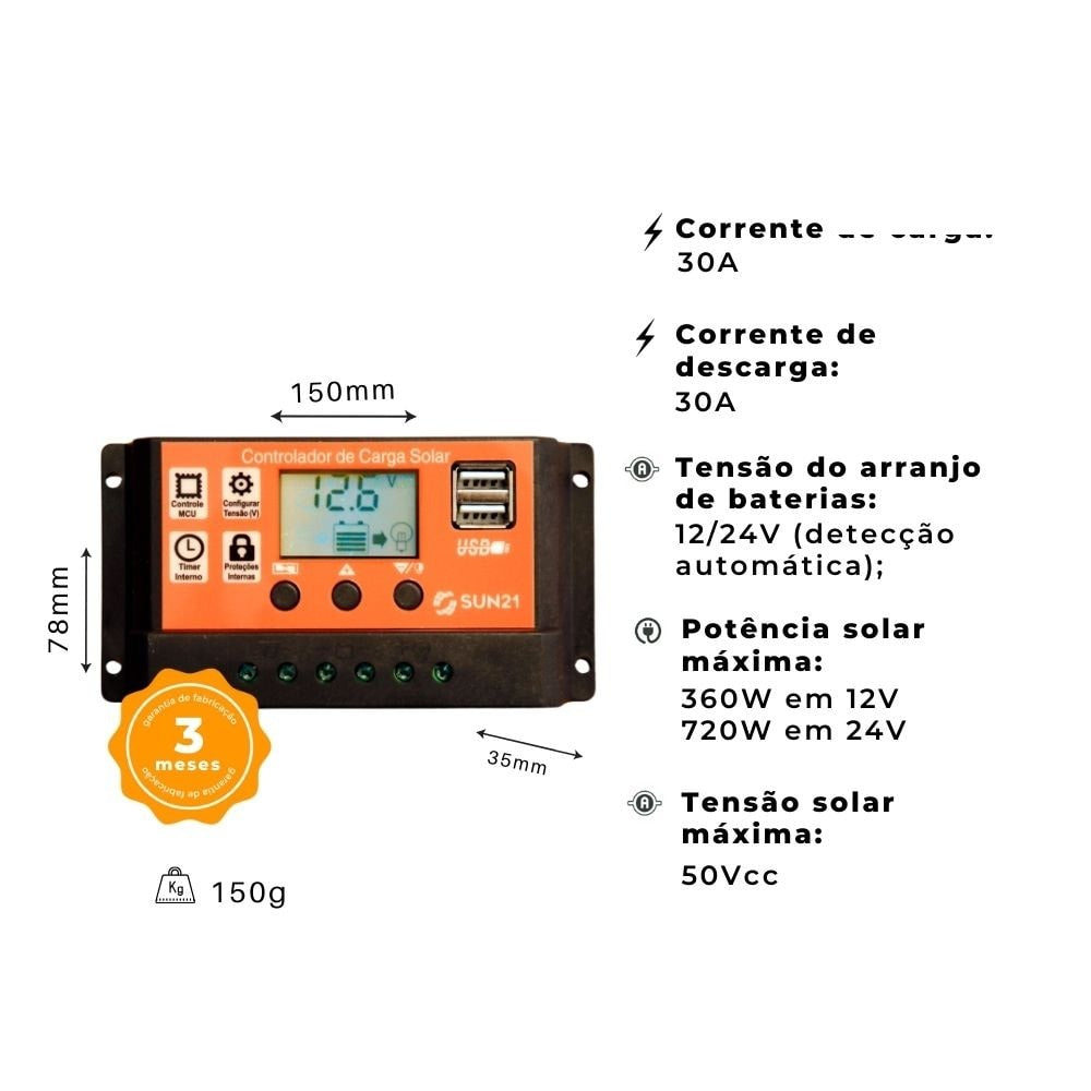 Controlador de Carga 30A PWM 12/24V SUN21 - CSP3024L - imagem 4
