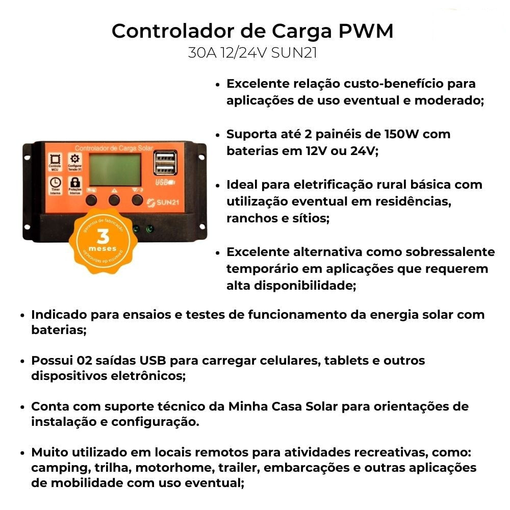 Controlador de Carga 30A PWM 12/24V SUN21 - CSP3024L - imagem 5