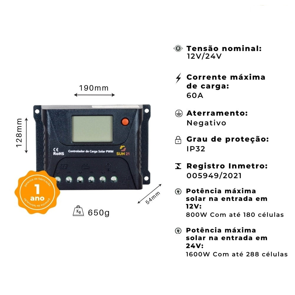 Controlador de Carga 60A 12V/24V PWM SUN21 - CCS-P6024 - imagem 2