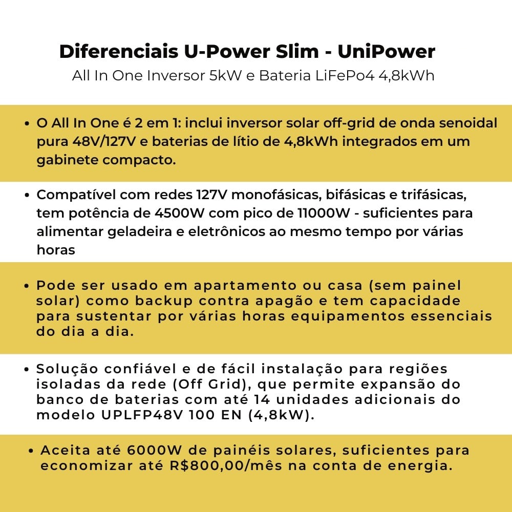 Inversor Solar All In One 4,5kW 48/127V com Litio 4,8kW Unipower Slim U HOME4.5K4800 - imagem 3