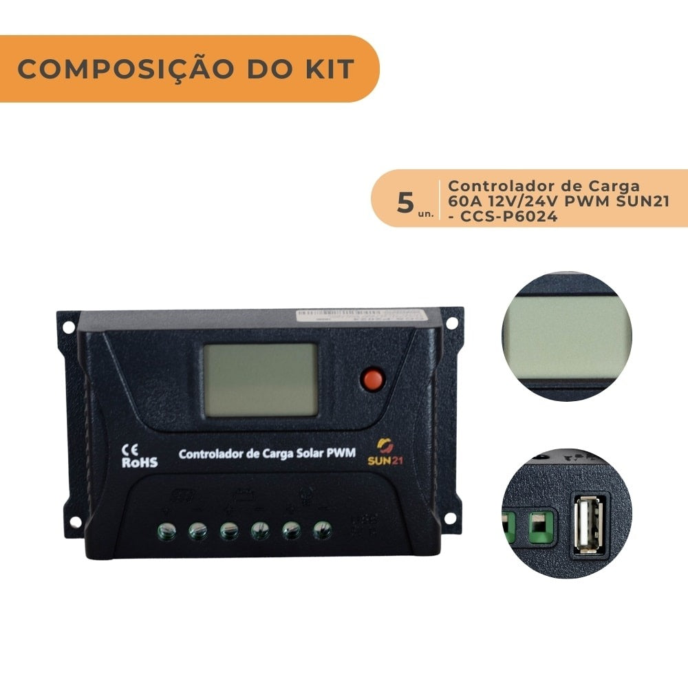 Kit 5 Unidades Controlador de Carga 60A PWM - imagem 2