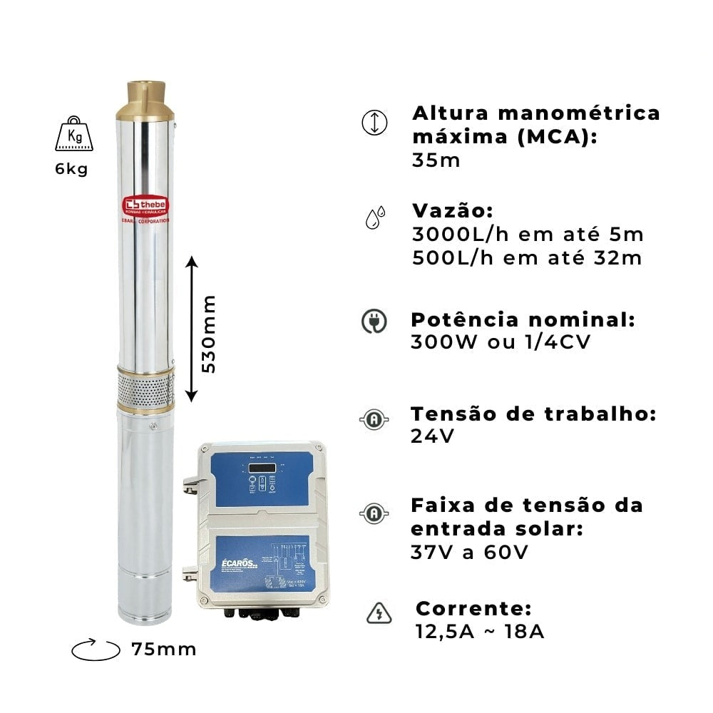 Kit Bomba Solar Ebara Até 3000l/h 32MCA 300W 24V - imagem 3