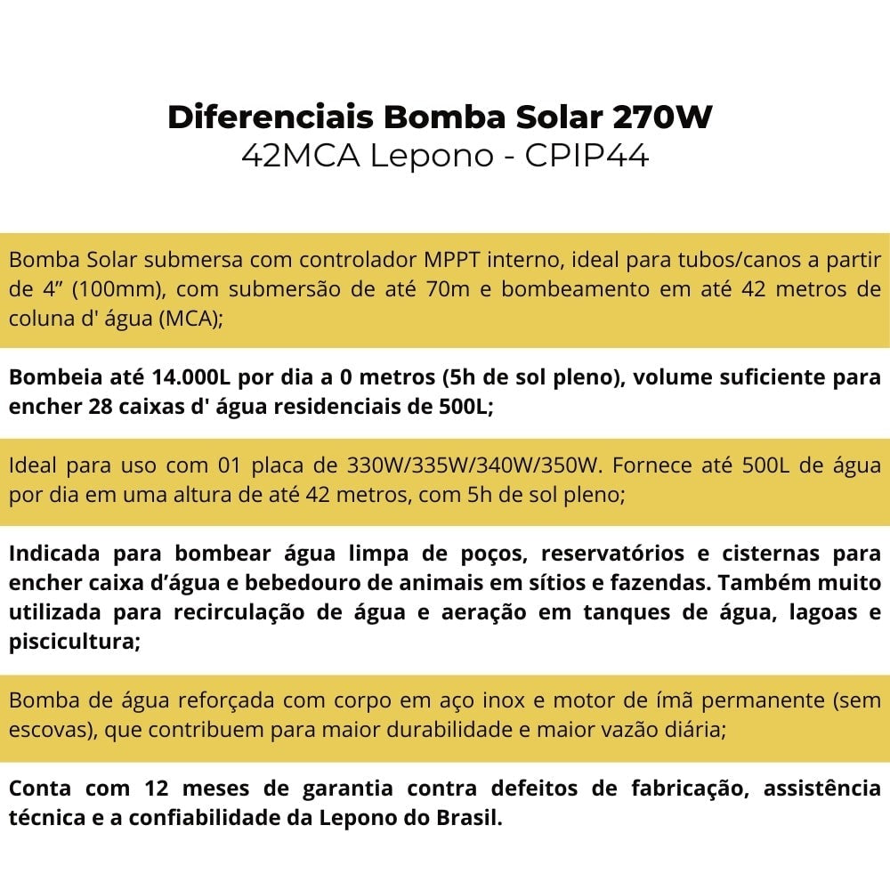 Kit Bomba Solar Lepono 270W 42MCA 2800L/h - imagem 7