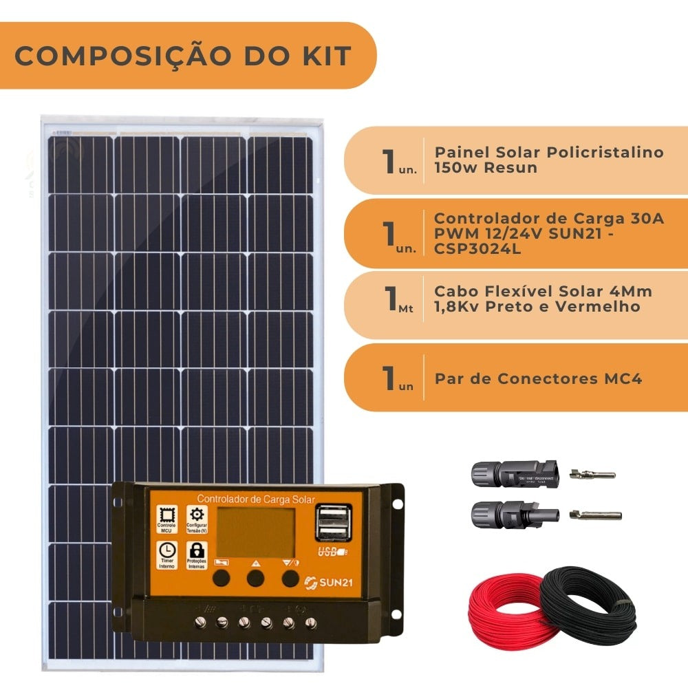 Kit Painel Solar Monocristalino 150W/160W Controlador 30A Sun21 - imagem 3