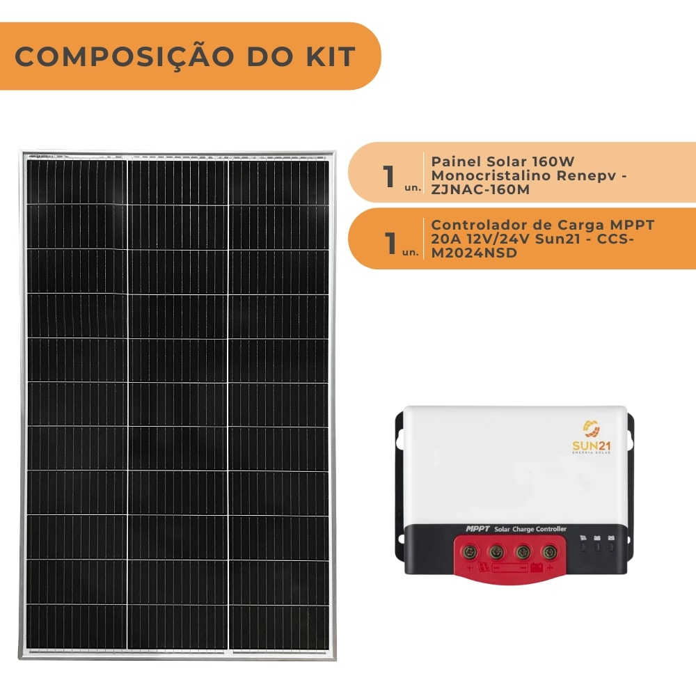 Kit Solar Placa Solar 160W com Controlador de Carga 20A 12/24V MPPT - imagem 2