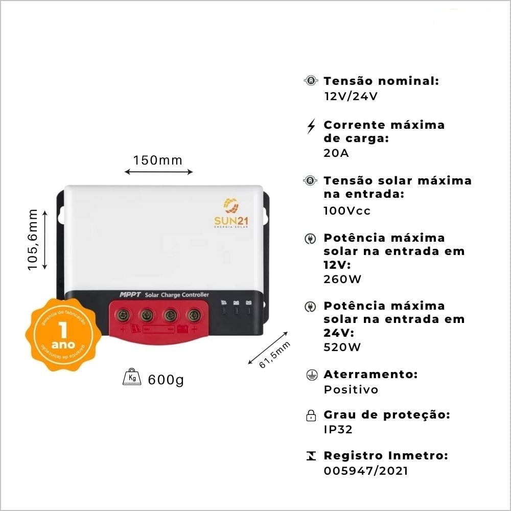 Kit Solar Placa Solar 160W com Controlador de Carga 20A 12/24V MPPT - imagem 3